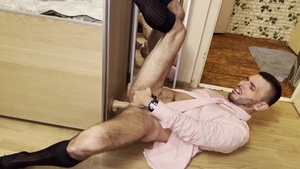 Businessman In Suit And Tie And Sheer Socks Stretches His wazoo During Home Office Till orgasm